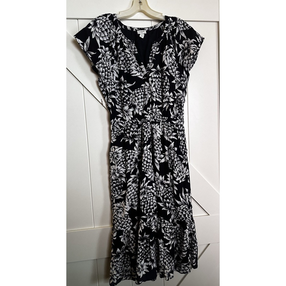 J Crew Cap Sleeve Navy/White Pineapple Gauzy Dress‎ Pockets Coastal Beachy Sz 00